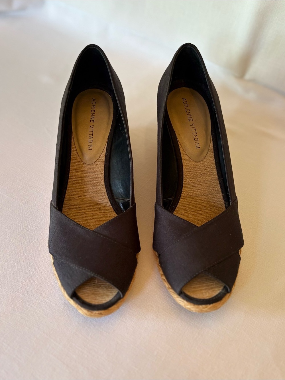 Adrienne Vittadini Black Espadrille Wedge Peep-Toe Heels Size 9 - Picture 2 of 7